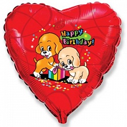Фольгированное сердце "С Днем рождения (собачки с подарком), Красный 46 см"
